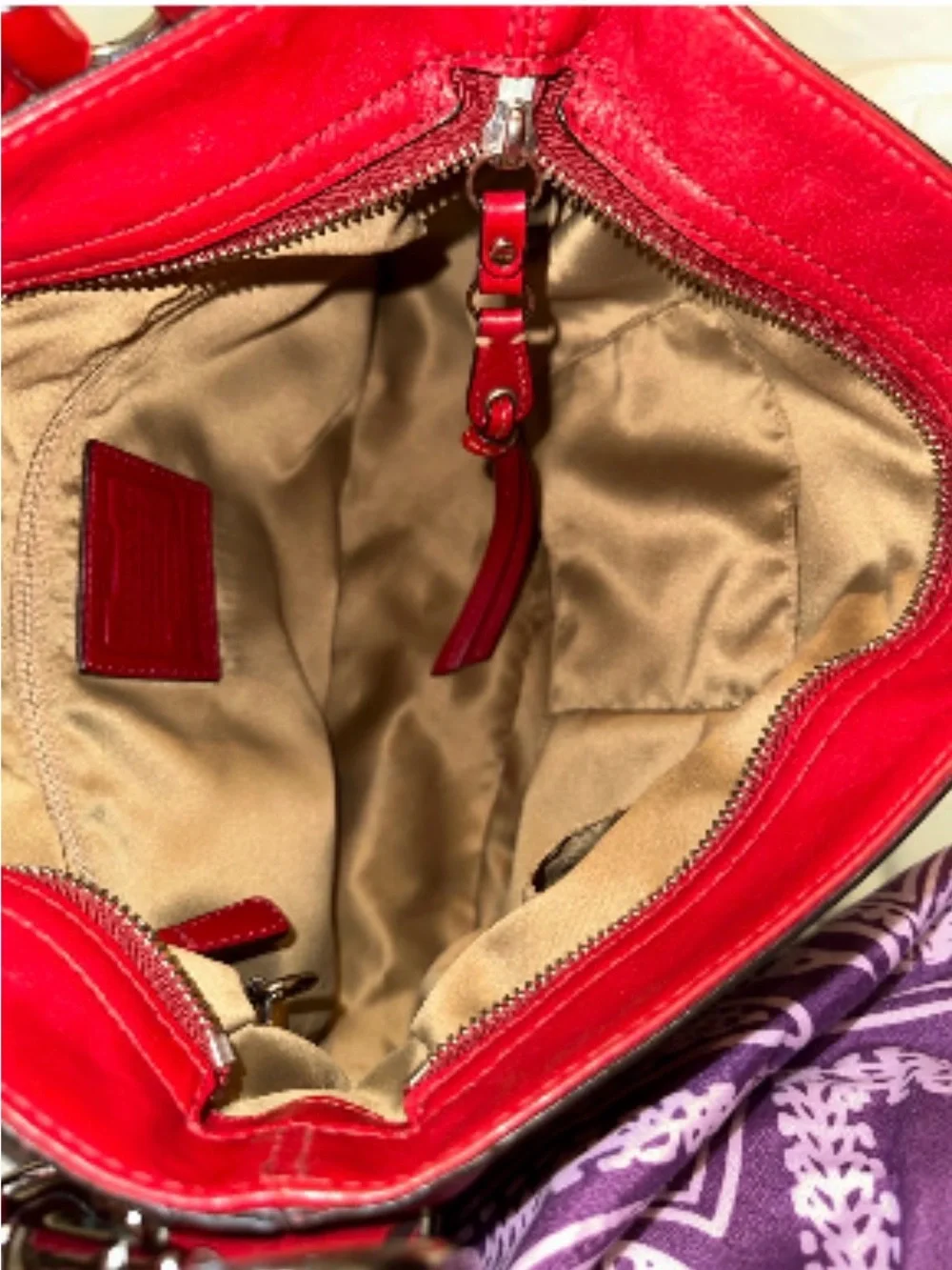 Coach Zoe Signature C Hobo Shoulder Bag  Khaki Jacquard Red Leather Trim